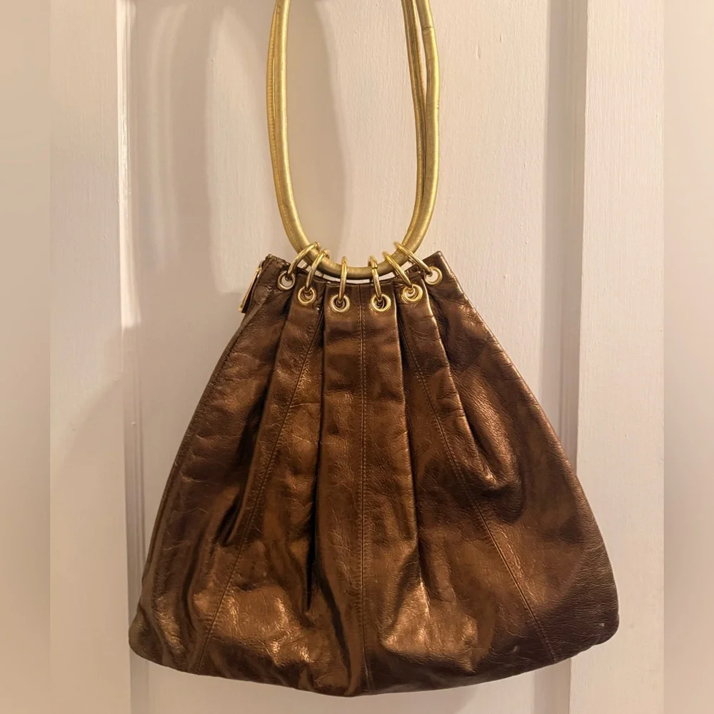 Trina Turk Metallic Leather Pleated Hobo Shoulder Bag with Gold Accents